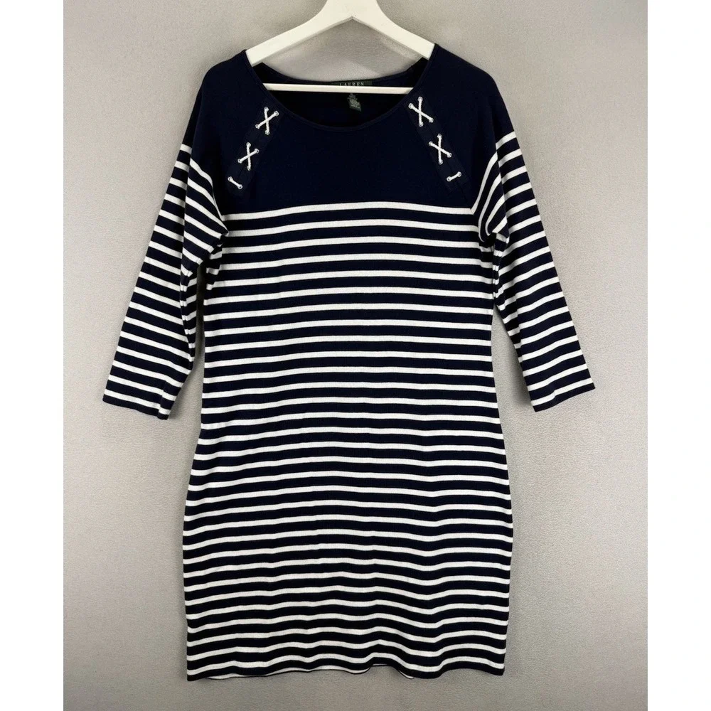 Lauren Ralph Lauren Women's Sz XL‎ Blue & White Striped Lace Up Accents Dress - Picture 2 of 7